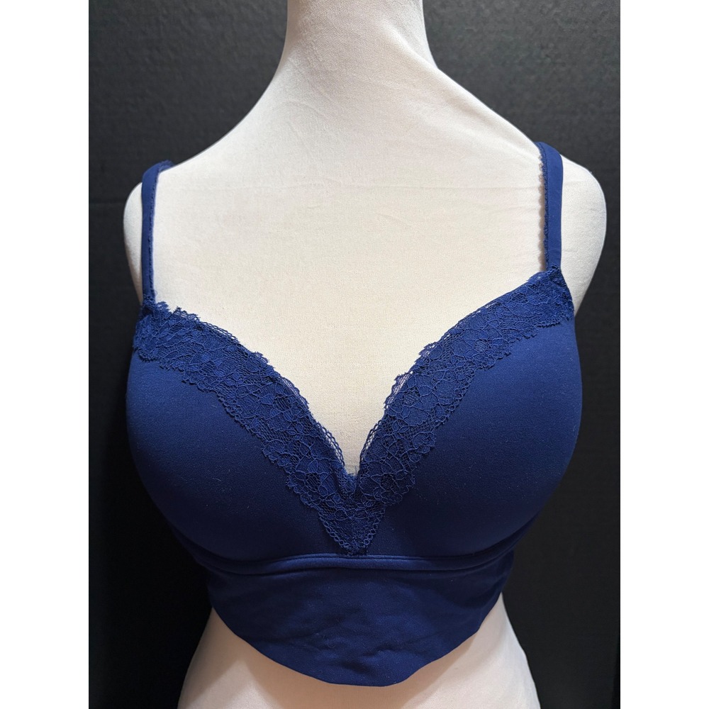 Victoria's Secret Padded No-Wire Bra 36C Navy Blue Lace Longline Wireless
